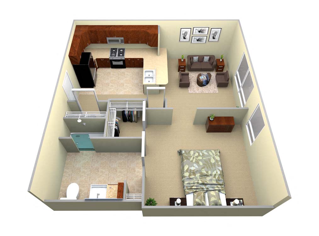 Floor plan for 1 bed, 1 bath, 525 sqft